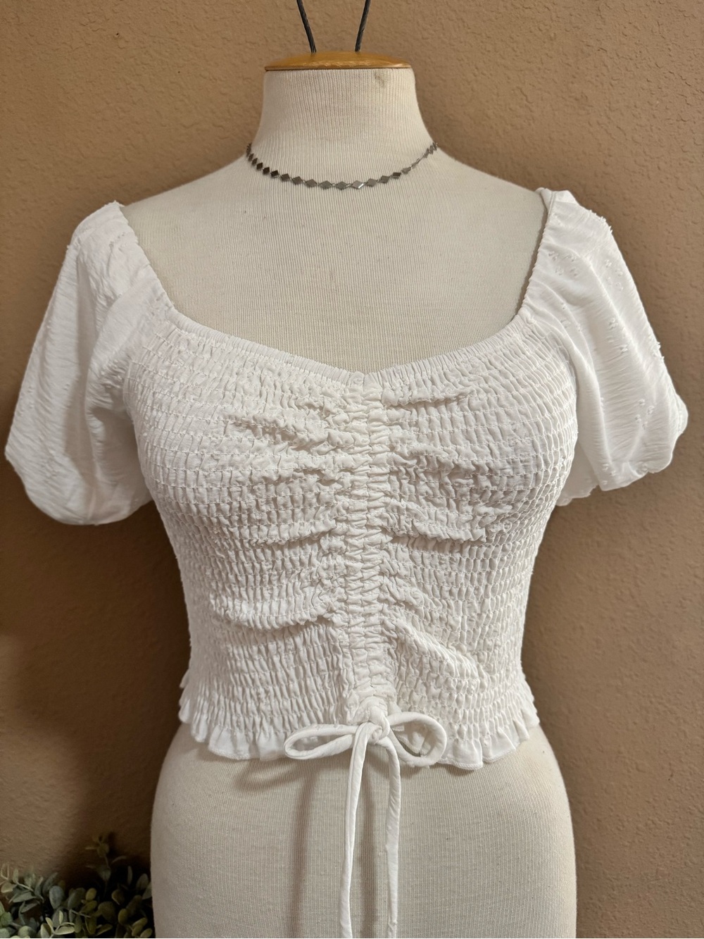 Smocked White Puff Sleeve Crop Top with Tie